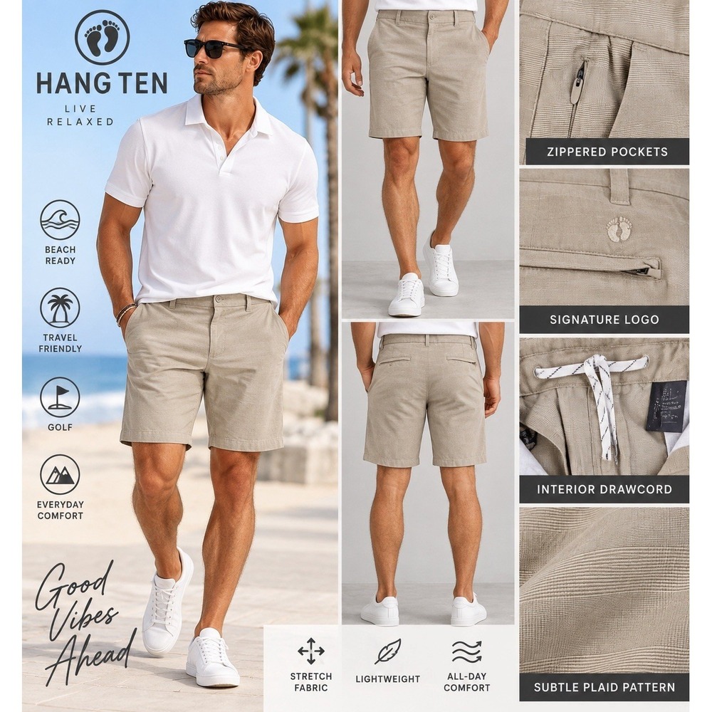 Hang Ten Mens Hybrid Stretch Shorts 38 Khaki Tan Plaid Amphibious Golf Casual